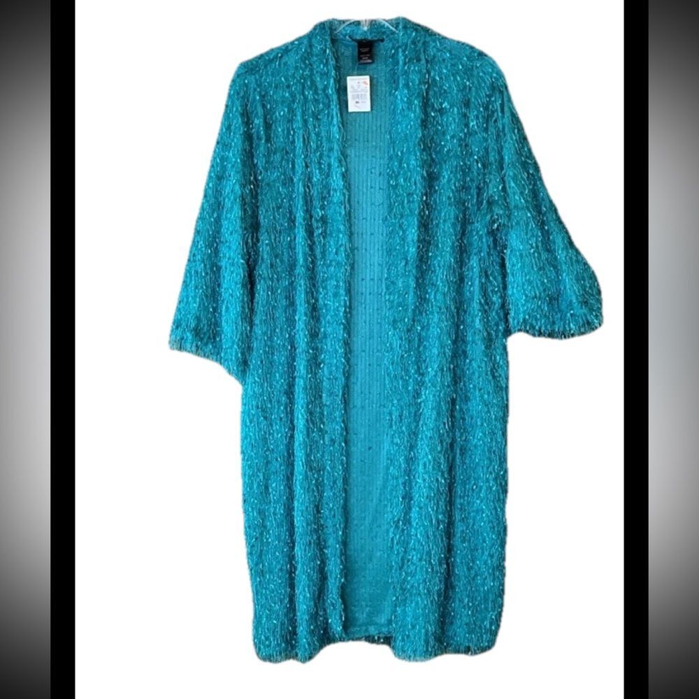 Ashley Stewart Size 18/20 Deep Peacock Women’s Eyelash Knit Cardigan Duster NWT
